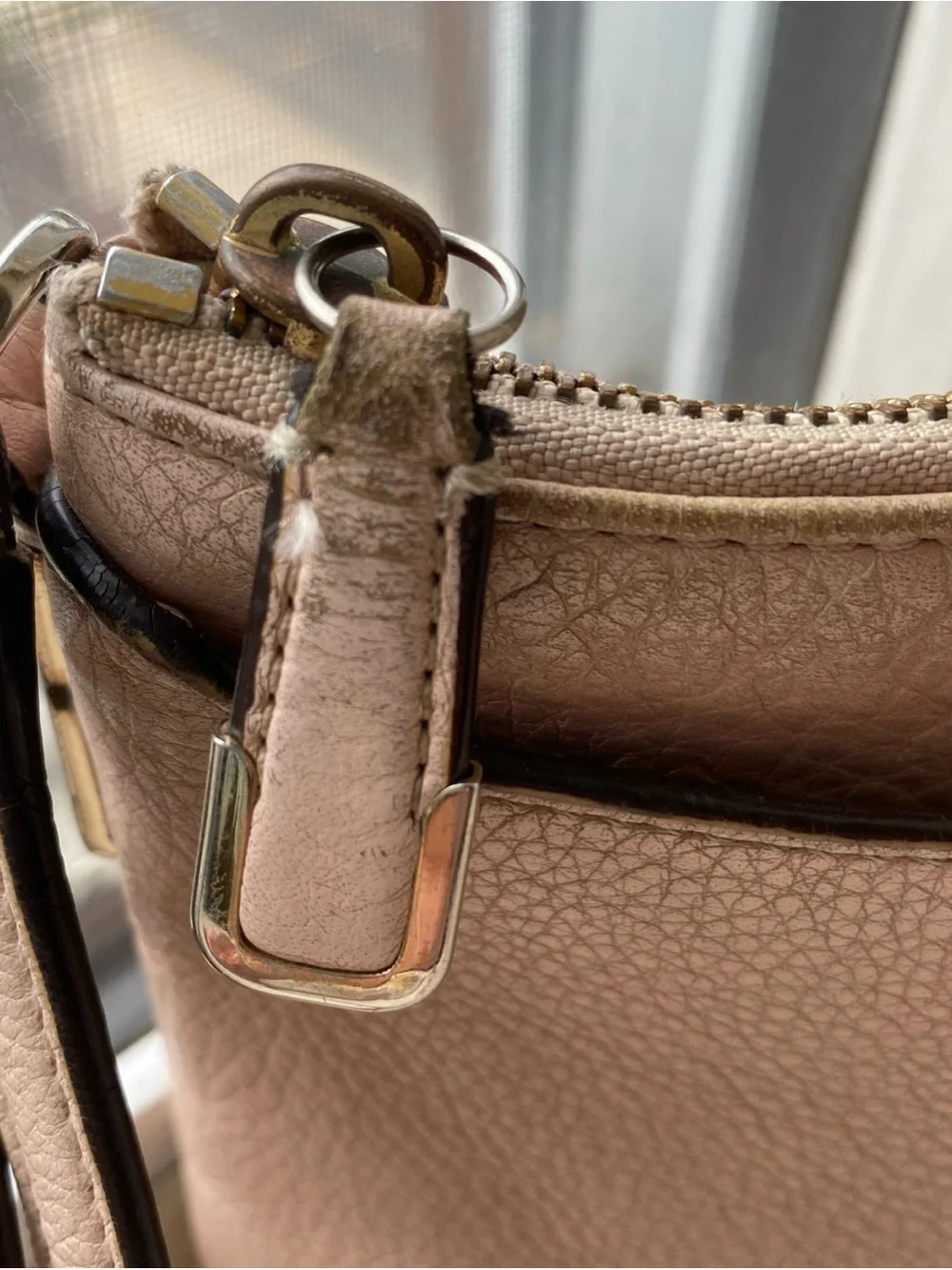 Coach Madison East West Pebbled Leather Crossbody Purse in Blush Pink dirty
